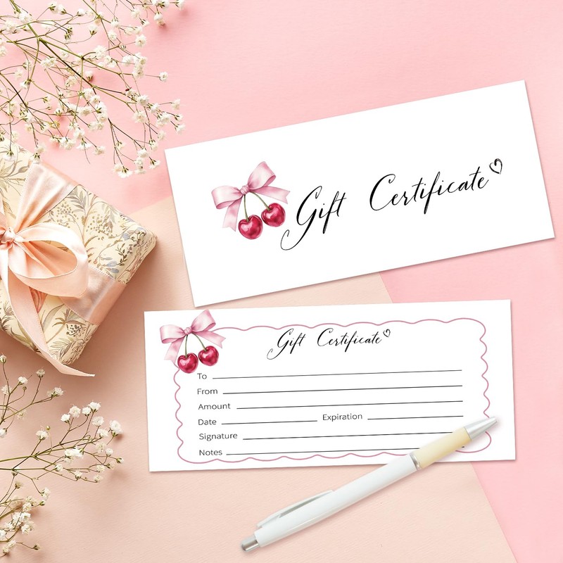 25 Bow Cherry Gift Certificates for Business, Pink Blank Gift