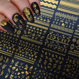 IDDFEVE 30 Sheets Retro Lace Nail Art Stickers - Star Moon Nail Decals Self-Adhesive 3D Nail Decals for DIY Golden Manicure