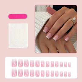 French Tip Nails - 24pcs Short Square False Nails - Pink Gradient French Tip Nude Press on Nails - Glossy Removable Fake Nails with Glue - Acrylic Full Cover Stick on Nail for Women and Girls