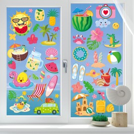 PartyGarden Large Summer Window Clings - 4 Sheets 63 Pcs Summer Theme Pool Beach Chairs Sun Window Decal Stickers for Glass Windows for Pool Party Supplies Home School Office Shop Display Decorations