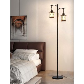 ShuideHua Industrial Floor Lamp,Vintage Dimmable Floor Lamp,2 Classical Lanterns Standing Lamp, Rustic Farmhouse Floor Lamp with Bronze Gold Finish, for Living Room Bedroom (Bronze-B-Style)
