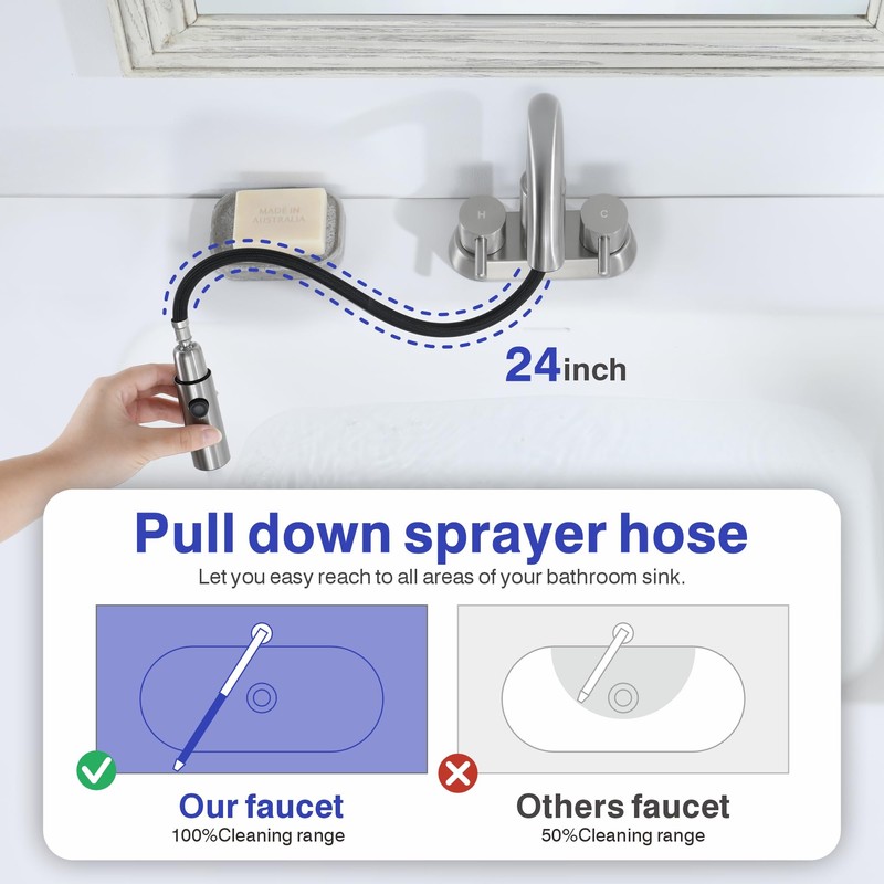 Kablle Bathroom Faucet with Pull Down Sprayer 3 Holes, Brushed