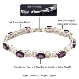 RIZILIA XOXO Link Tennis Bracelet & Oval Cut CZ [Simulated Purple Amethyst] in White Gold Plated, 7"