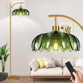 AHDWDW Gold Floor Lamp for Living Room Bedroom with Remote,Unique Vintage Standing Tall Lamp,Mid Century Modern Floor Lamps with Dimmable Bulb,Arc Green Glass Floor Lamps for Office Corner