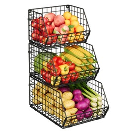 X-cosrack 3-Tier Stackable Wire Baskets for Pantry Organization and Storage, Kitchen Counter Basket for Potato Onion Storage, Fruit and Vegetable Storage Basket, Metal Baskets for Snack Produce Cans