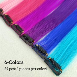 KGBFASS 24 Packs Colored Clip in Hair Extensions 20'' Colorful Straight Hair Extensions Clip in for Kids Multi-Colors Party Highlights Hairpieces(Pink,Purple,Blue)