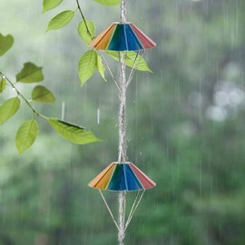 Qipade 10 Ft Rain Chains for Outside, Colorful Parachute Shape Rain Catcher Chain with 10 Cups for Eaves Drainage, Replacement Downspout for Gutters