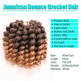 8 Inch Jamaican Bounce Crochet Hair 22 Strands Jumpy Wand 4 Packs Curly Crochet Hair for Black Women (8 Inch 4 Packs, T1B-27#)