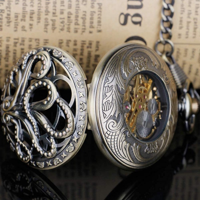 Tiong Unique Octopus Hollow Mechanical Pocket Watches with Chain Men's