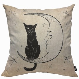 Mugod Black Cat Cushion Cover Throw Pillow Covers Sits on The Moon Face Star Pillow Case for Men Women Decorative Home Sofa Chair Couch 45x45cm/18x18 Inch