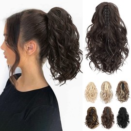 REECHO Ponytail Extension, Claw Clip in Ponytail Hair Extensions 10 Inch Short Curly Ponytail Natural Wavy Synthetic Hairpiece for Women – Black Brown
