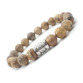 Ethnisches Herrenarmband aus braunen Jaspisperlen und zentraler Edelstahlperle