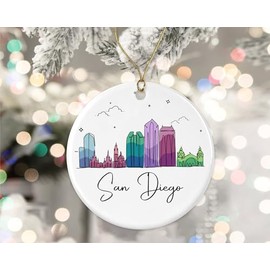 San Diego City Ornament, San Diego City Christmas Ornament, Landmarks Xmas Ornament, Colorful City Skyline Graphic, New City Gifts for Christmas Printed on Both Sides