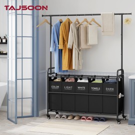 Tajsoon Laundry Sorter with Hanging Rack, Laundry Sorter 5 Sections, Rolling Laundry Cart with Lockable Wheels and Removable Bag, Laundry Basket Organizer for Bedroom, Bathroom, Black