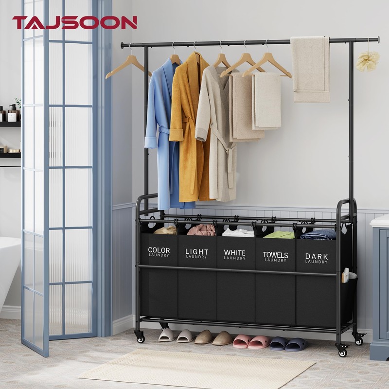 Tajsoon Laundry Sorter with Hanging Rack, Laundry Sorter 5 Sections,