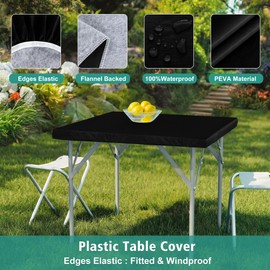 LUSHVIDA 2 Packs Vinyl Card Tablecloth with Flannel Backing 34x34 inch - Waterproof Plastic Table Cover for Square Folding Table Cloth with Elastic Edges, Black
