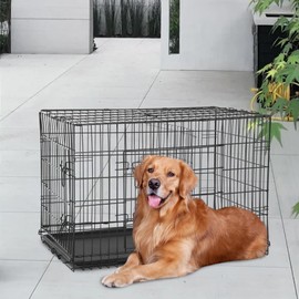 FDW Dog Crate for Large Dogs 48 Inch Folding Metal WirePet Cage Double Door W/Divider Panel Indoor Outdoor Kennel Leak-Proof Plastic Tray,Black