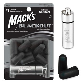 Tapones para los oídos de espuma suave Mack's Blackout, 7 pares con estuche de viaje - 32 dB de NRR más alto, cómodos tapones para los oídos para conciertos, sesiones de improvisación, clubes nocturnos, eventos ruidosos y deportes de tiro
