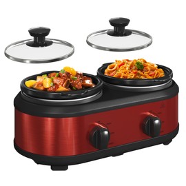 Double Slow Cooker, 2 x 1.25 QT Portable Small Dual Crock Cooker, Buffet Servers and Warmers Dishwasher Safe, Removable Ceramic Pot Glass Lid, Stainless Steel Red