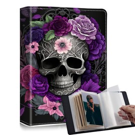 Photo Album 4x6 Photos - 120 Photos PU Leather Cover with Strong Elastic Band,Small Capacity Wedding Family Graduation Anniversary Baby Holds Photo Albums 6.4"x5"x1.5"-Purple Skull