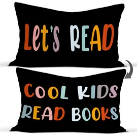 Rusenbao Let's Read Cool Kids Read Books Black Reversible Throw Pillow Covers-Toddler Reading Nook Cushion Case Decorate Book Club Kids Room Classroom Playroom Nursery,12x20 Inch Pillowcase