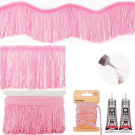 Yhsheen Pink Fringe, 5 Yards X 4 Inch Fringe Trim with B7000 Glue, Tassels Trim for Crafts, Polyester Fibre Sewing Fringe Trim(Pink)