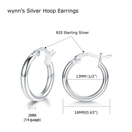wynn's Silver Hoop Earrings for Women, 925 Sterling Silver Hoops Earrings, Anti-allergic Huggie Hinged Small Slepper Hoops, Gift for Girls, Diameters in 16 mm, Silver Hoop Earrings