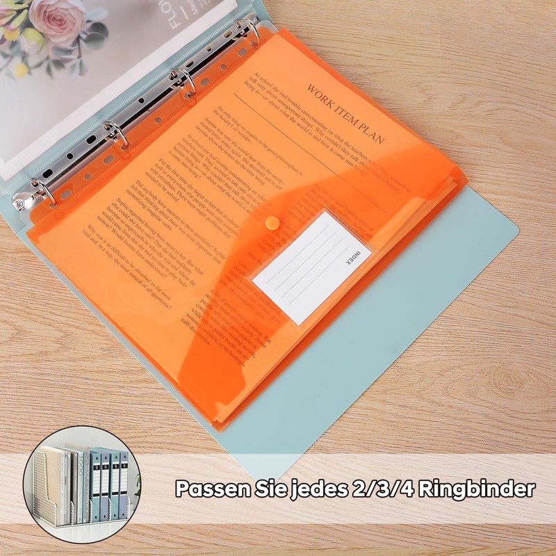 12 Pack A4 Punched Pockets, Colorful Plastic Wallets with 3
