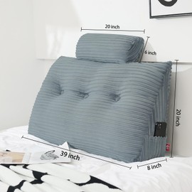 Rycwola Headboard Wedge Pillow with 2 Pack Neck Roll Pillow Large Headboard Pillow Soft and Supportive with Removable Cover (Light Grey, Twin: 39x8x20 Inches)