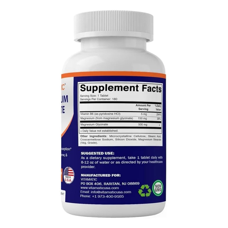 ⚡🌙 Vitamatic Glicinato de Magnesio 500mg | 180 Tabletas |