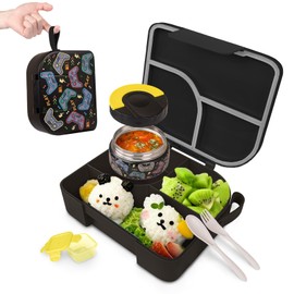 Bento Box for Kids, 3 Compartment Kids Lunch Box with 10oz Leak Proof Thermos Food Jar, Easy-Open Latch, Dishwasher Safe, Ideal for School, Daycare, Travel with Portable Handle (Game Controller)