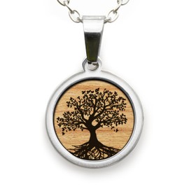 treeforce Unisex Stainless Steel Necklace in Gold and Silver with Wooden Emblem in Black Gift Box, Stainless Steel Wood, Wood.