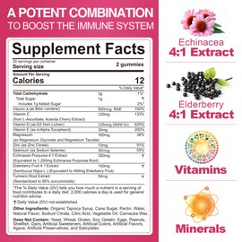 10-in-1 Immune Support Gummies with Echinacea 1200mg, Elderberry 400mg, Vitamins A C E Selenium, Turmeric, Magnesium Zinc & Vitamin D3 5000IU for Immune Boosters, Cellular Health & Bone Strong, 120cts