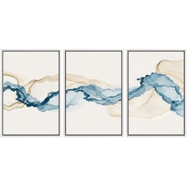SIGNWIN Framed Canvas Print Wall Art Set Blue Tan Smoke Wave Landscape Abstract Shapes Illustrations Modern Art Decorative Contemporary Colorful for Living Room, Bedroom, Office - 16"x24"x3 White