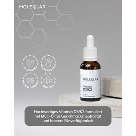 MoleQlar Vitamin D3 K2 Drops - 1000 IU Vitamin D3 + 20 μg All-Trans Vitamin K2 M-K7 - Highly Bioavailable Thanks to MCT Oil - Vegetarian, Gluten-Free & No Additives - Vitamin D3-K2 Oil
