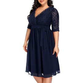 Plus Size Cocktail Dresses Women Navy Blue Lace Top Chiffon Wedding Guest Semi-Formal Party Evening Wrap V Neck Dress