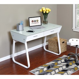 OneSpace Ultramodern Glass Computer Desk with Drawers, White
