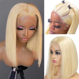 Bob Wig Human Hair 13x4 Lace Front Wigs Human Hair Pre Plucked with Baby Hair 150% Density Short Bob Wigs for Women Straight Bob Frontal Wigs Human Hair Natural Color (14, 613#)