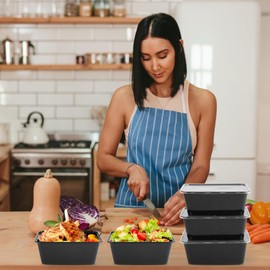 Qewro 10 Sets 32 oz Prep Containers Reusable with Lids 1-Compartment, To Go Take Out Plastic Food Storage Containers, Sturdy Leakproof Food Safe, Microwave Freezer Dishwasher Safe, Black