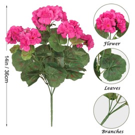 Dremisland 6 Pack Artificial Geranium Flowers for Outdoors Fake Geranium Silk Flowers Outdoor UV Resistant Garden Plants Bush Faux Flowers for Home Wedding Table Centerpieces Decor(Rose Red, 6Pack)