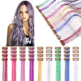 36 Pcs 19.7 Inch Clip in Hair Tinsel Fairy Hair Tinsel Kit Clips Clip on Glitter Hair Tinsel Extensions 9 Colors Heat Resistant Colorful Hair Accessories for Women Girls Kids Party