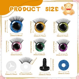 Yunlly 24 Pcs Glitter Safety Eyes for Amigurumi 12/14/16/18/20/25 mm Doll Safety Eyes with Eyelash for Crochet Stuffed Animal Eyes Craft for DIY Puppet Crafts Bear Doll Making, Mixed Colors