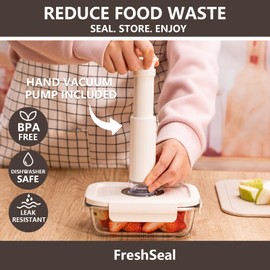 FreshSeal Glass Vacuum Sealable Container Set for Food Storage, 9 Pieces, 6 Sizes, with Hand Vacuum Pump and 10 Vacuum Sealable Bags