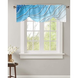 Blue Ombre Tie Up Valance Curtain for Kithchen Windows Romantic Blue White Gradient Modern Abstract Geometric Adjustable Ties Valance Tier Curtain Rod Pocket Valances for Bedroom/Living Room, 54x18in