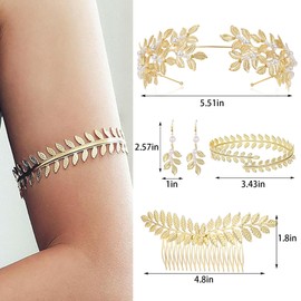 VIDSTW Greek Goddess Costume Laurel Wreath Jewellery Set Includes Earrings Bracelets Necklace Hair Bands Hair Combs Bay Leaves Jewellery Set for Bride Wedding Toga Party, Alloy Steel