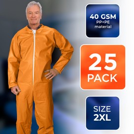 EZGOODZ Disposable Coveralls 71" Long. Pack of 25 Orange Adult Industrial PPE Workwear 2X-Large. Unisex Laminated Polypropylene 40 gsm Body Protective Suits with Open Wrists, Ankles, Zipper in Bulk.