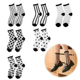 VIDSTW 6 Pairs Transparent Black Nylon Socks Women's Short Ultra Thin Mesh Summer Silky Cool Ruffle Socks Fine Fashionable Non-Slip Ankle Socks for Women Girls, black