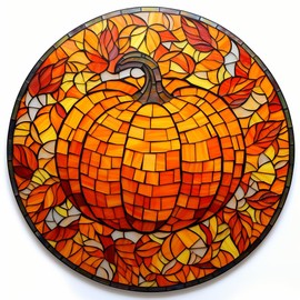 DIY Stamped Cross Stitch Kits Stained Glass Circle Shape Autumn Pumpkin 11CT Needlepoint Embroidery Counted Cross Stitch Kits Art Craft Wall Decor 35x35cm(6)
