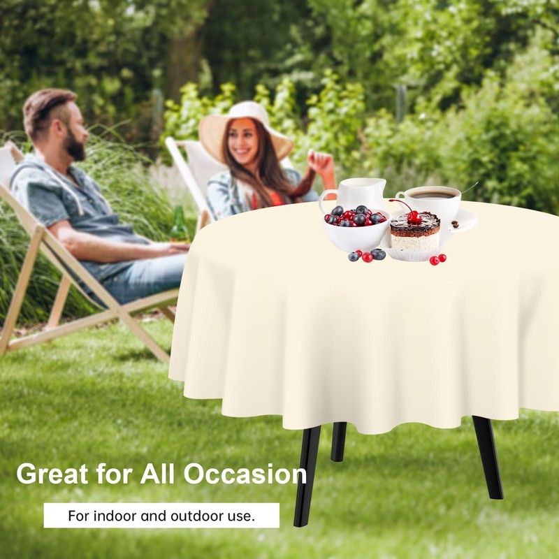 QIKSION Ivory Round Tablecloth 2 Pack, 84 Inch Plastic Table
