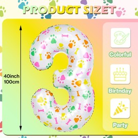 40 Inch Multi-color Dog Paw Balloons, Numeral 3 Birthday Balloons for Girls Boys Dog Paw Print Themed Birthday Party Decorations (Number 3)